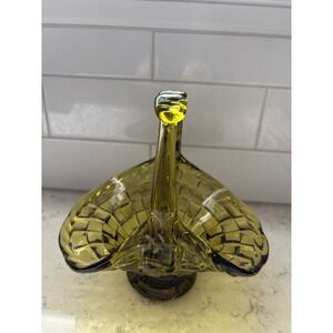 VTG Olive Green Depression Glass Wedding Basketweave Basket Trinket Candy Dish